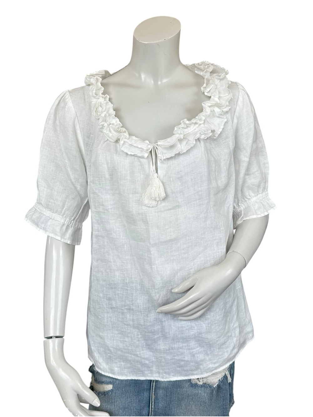 Alex Mill White Ruffle Neckline Boho Puff Sleeve Tassel 100% Linen Blouse XL
